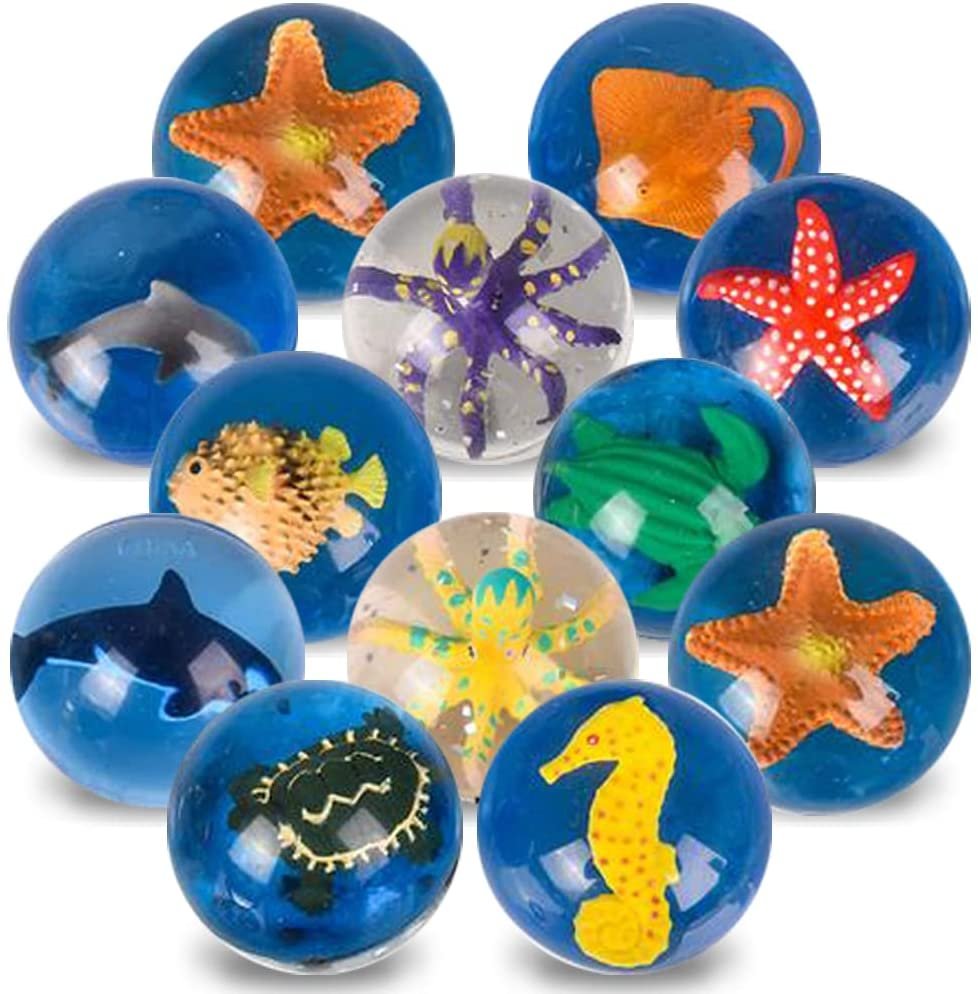 Aquatic High Bounce Balls, Set of 12, Balls for Kids with 3D Sea Creatures Inside, Outdoor Toys for Encouraging Active Play, Dinosaur Party Favors and Pinata Stuffers for Boys and Girls