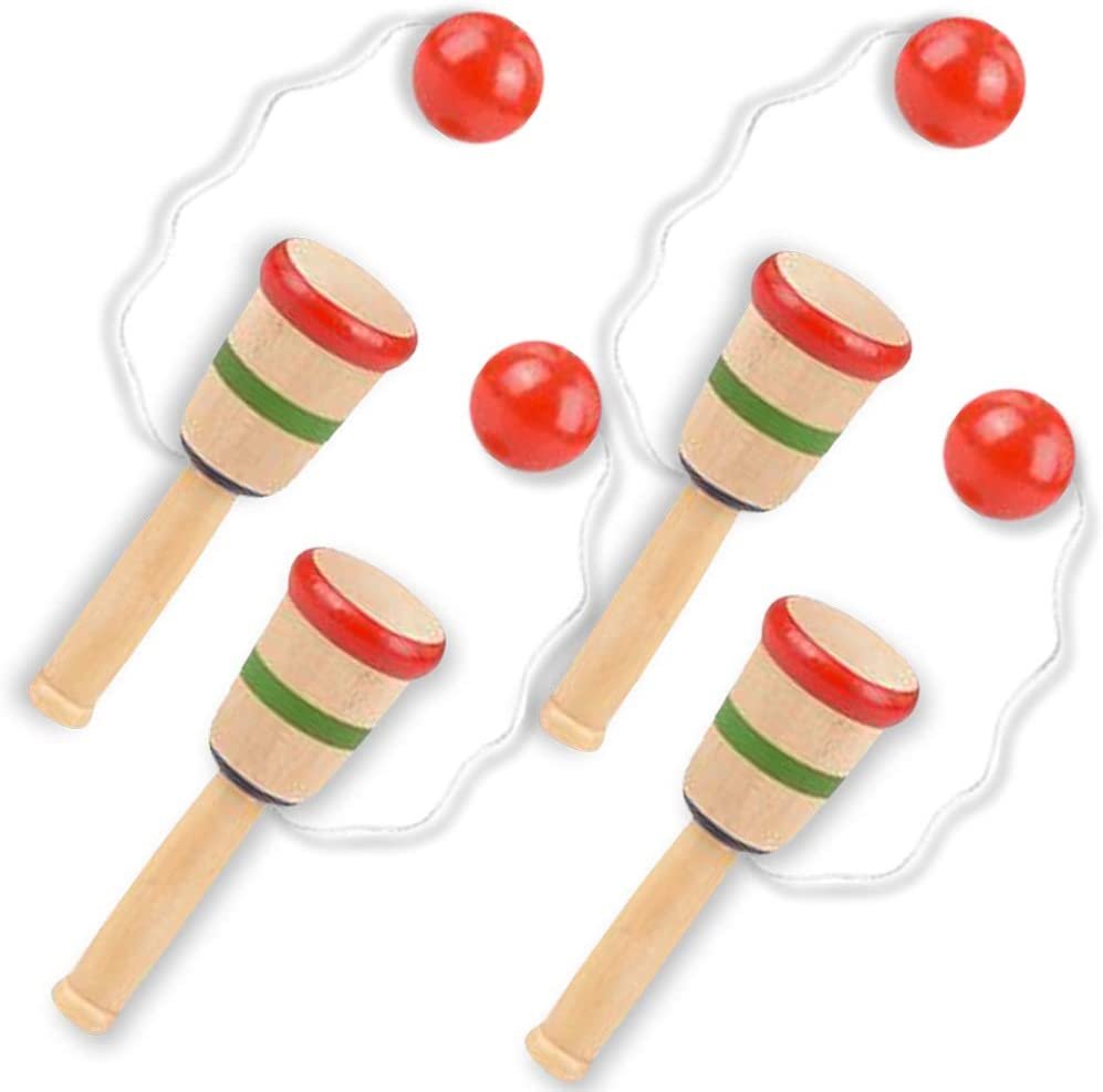 Mini Wooden Catch Ball Game, Set of 4, Vintage Catch Toys for Kids, Wood Design, Indoor and Outdoor Games for Backyard, Park, and Beach Fun, Best Gift Idea