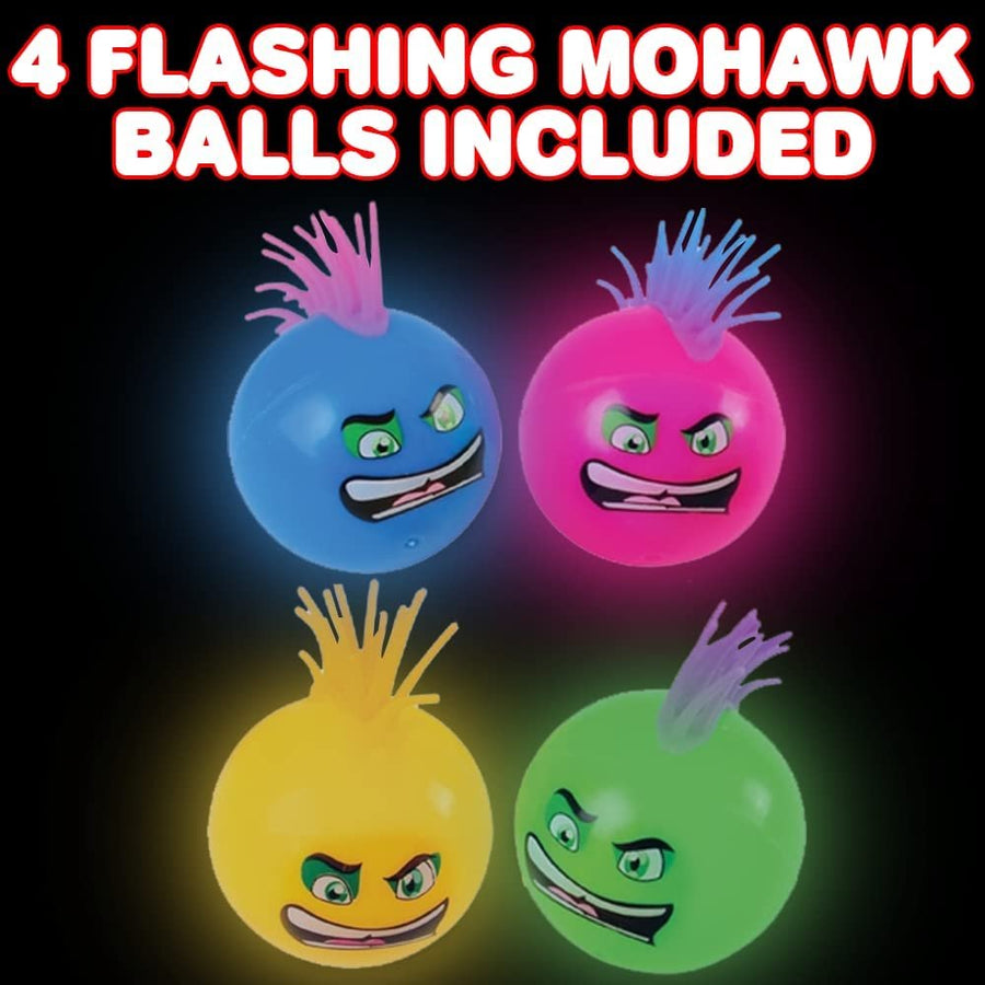 ArtCreativity Flashing Mohawk Balls, Set of 4, Light Up Bouncy Balls for Kids with Faux Hair, LED Bouncing Balls in Assorted Colors, Light Up Party Favors, Pinata Stuffers, and Goodie Bag Fillers