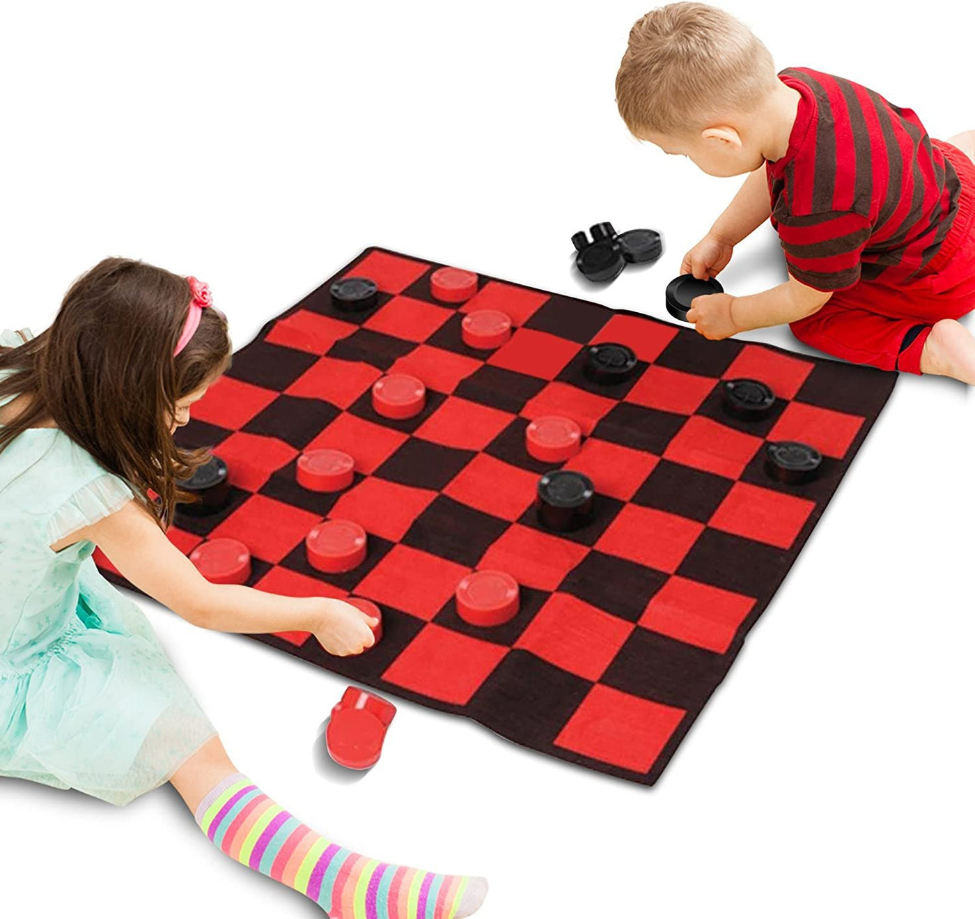Giant Checkers Rug Set by Gamie - 34.5 x 34.5" Jumbo Checker Board Floor Mat Game with Huge Pieces - Great Gift Idea for Boys and Girls, Fun Birthday Party Activity - Play Room Rug - Red and Black