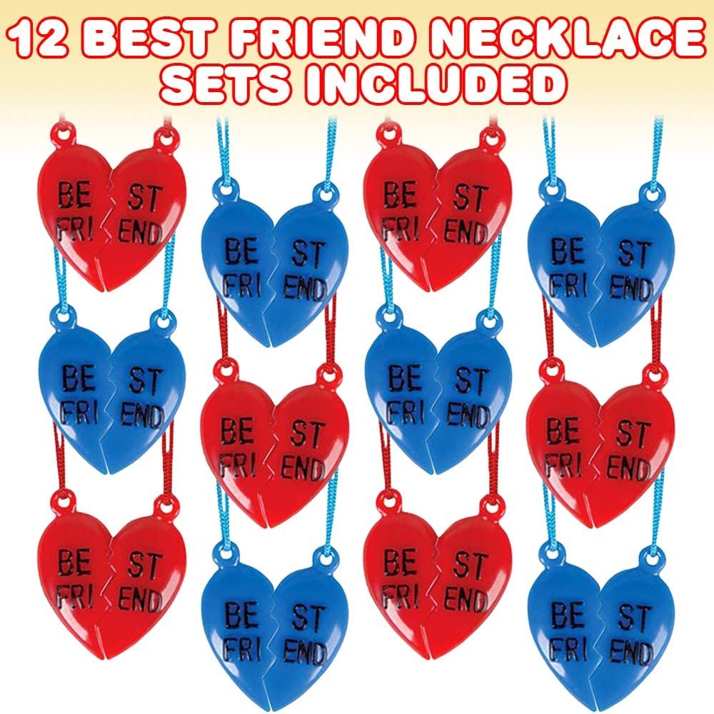 Half Heart BFF Necklaces, Set of 12, Includes 2 Halves of Broken Heart, Great Friendship Gifts, Birthday Party Favors for Boys and Girls, Kids’ Stocking Stuffers, Blue & Red, 2Pc Toy
