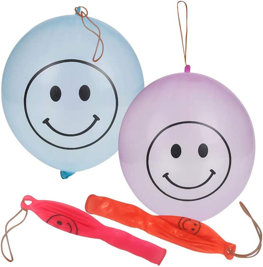 Latex Smile Face Punch Balls, Bulk Set of 50, Durable Latex Balloons with Rubber Bands Attached, Great Party Favors and Decorations, Goodie Bag Fillers for Kids in Assorted Fun Colors