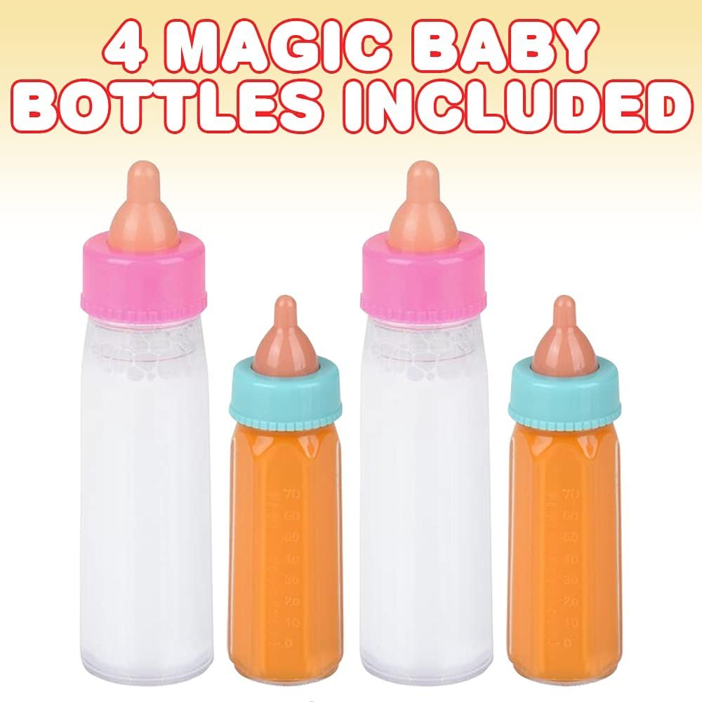 Magic Baby Bottles, Set of 4, Includes 2 Juice and 2 Milk Baby Doll Bottles with Disappearing Liquid, Baby Doll Accessories for Girls, Pretend Play Toys for Hours of Imaginative Play