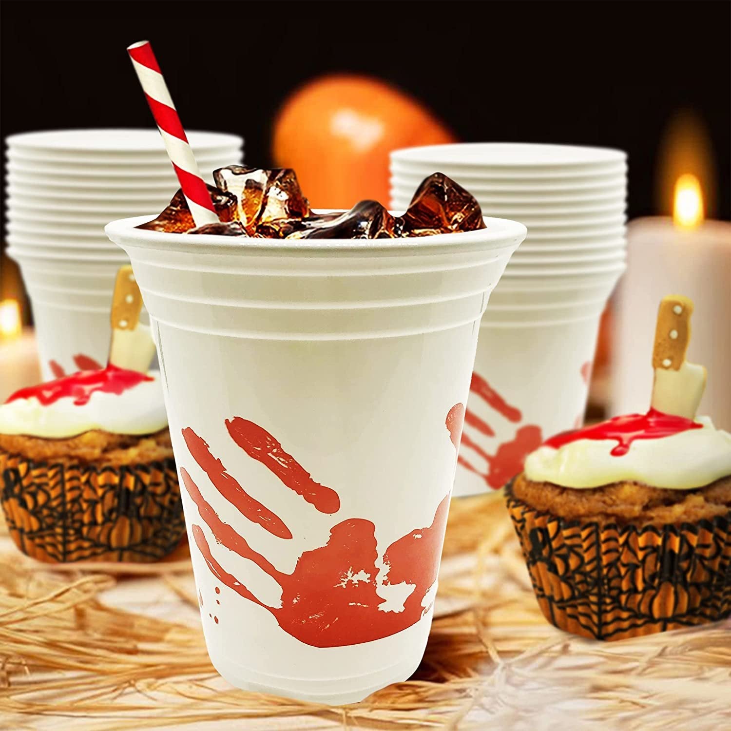 Blood Print Halloween Party Plastic Cups, Set of 50, 10 oz Halloween Disposable Cups, Halloween Party Supplies and Drinking Decorations, For Juice, Soda, Punch, and More