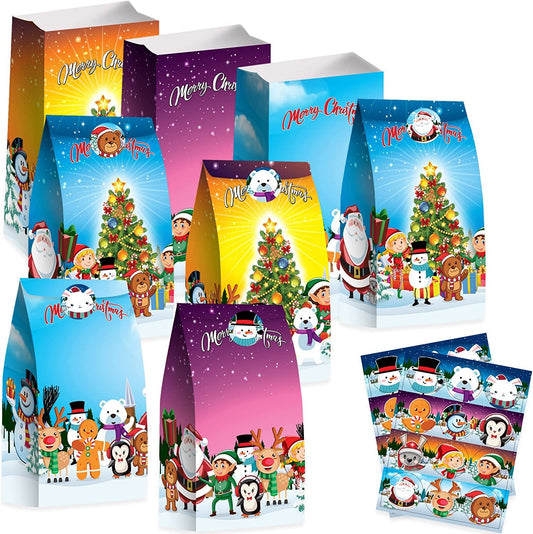 ArtCreativity Christmas Treat Bags, Set of 24 Paper Bags and 24 Stickers, 10 Inch Christmas Candy Bags with Sealing Stickers, Christmas Goodie Bags for Sweets, Toys, Gifts, and More
