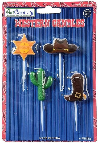 ArtCreativity Western Pick Candles, Set of 4, Cowboy Themed Birthday Cake Candles, Birthday Party Supplies and Decorations, Cake Topper, Cupcake Topper