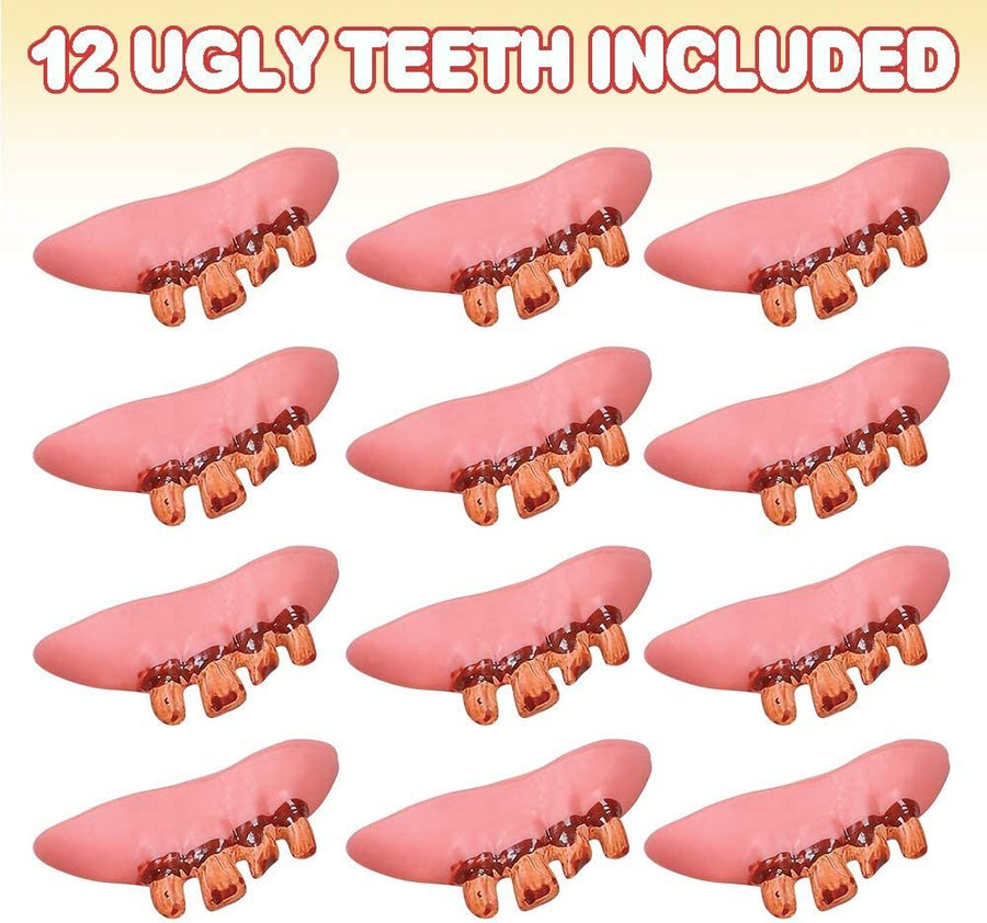 Fake Ugly Front Teeth for Halloween Costume - Bulk Pack of 12 - Gnarly Scary Gag Teeth Props for Kids and Adults, Soft Vinyl, Best for Halloween Party Favors, Treats, Décor, Goodie Bags