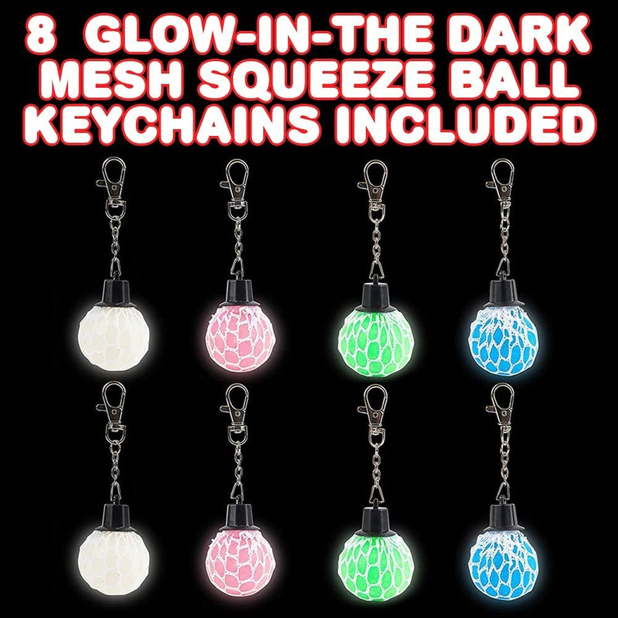 Glowing Mesh Squeeze Ball Keychains for Kids, Set of 8, Key Chains with Squeeze Ball Fidget Toy, Stress Relief Toys for Kids & Adults, Keyholder Birthday Party Favors, Goodie Bag Fillers