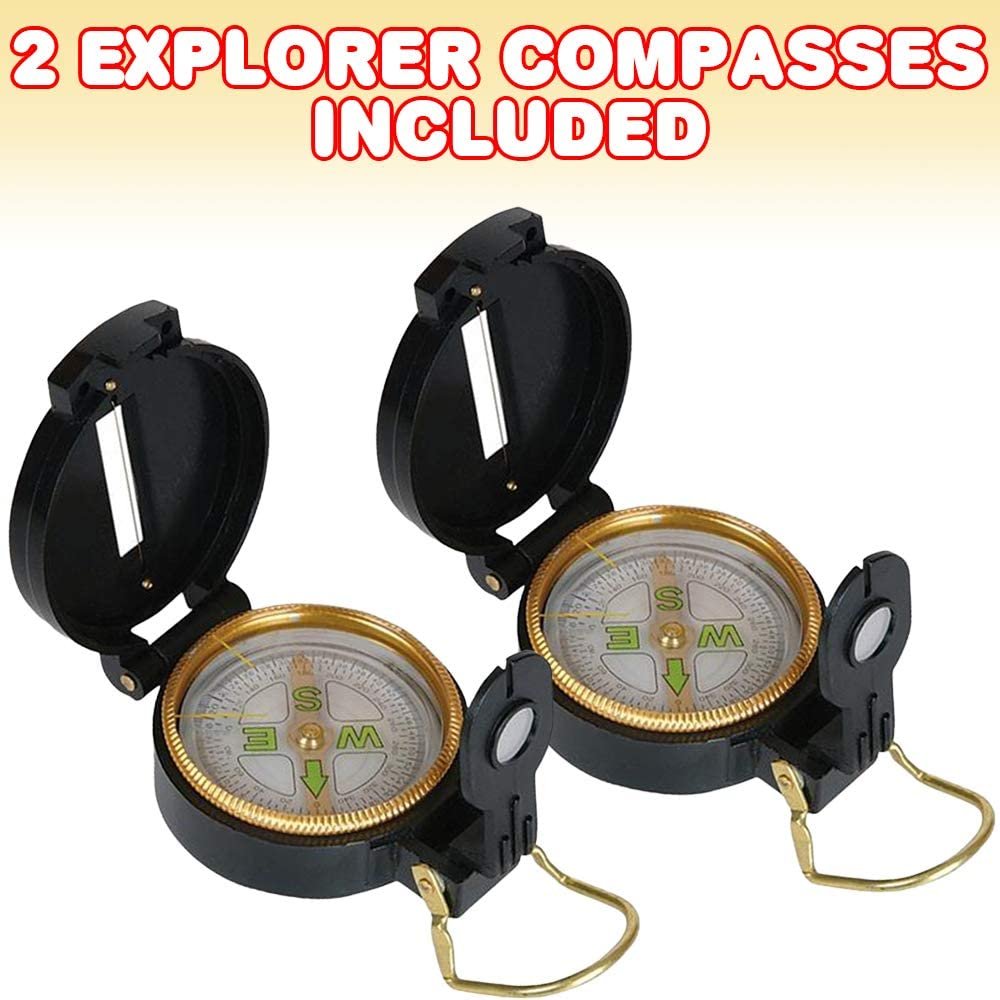 Explorer Compass for Kids, Set of 2, Functional Plastic Compasses with Accurate Pointer, Magnifier, and Sight Wire, Hiking Gear for Kids, Explorer Party Favors for Boys and Girls.