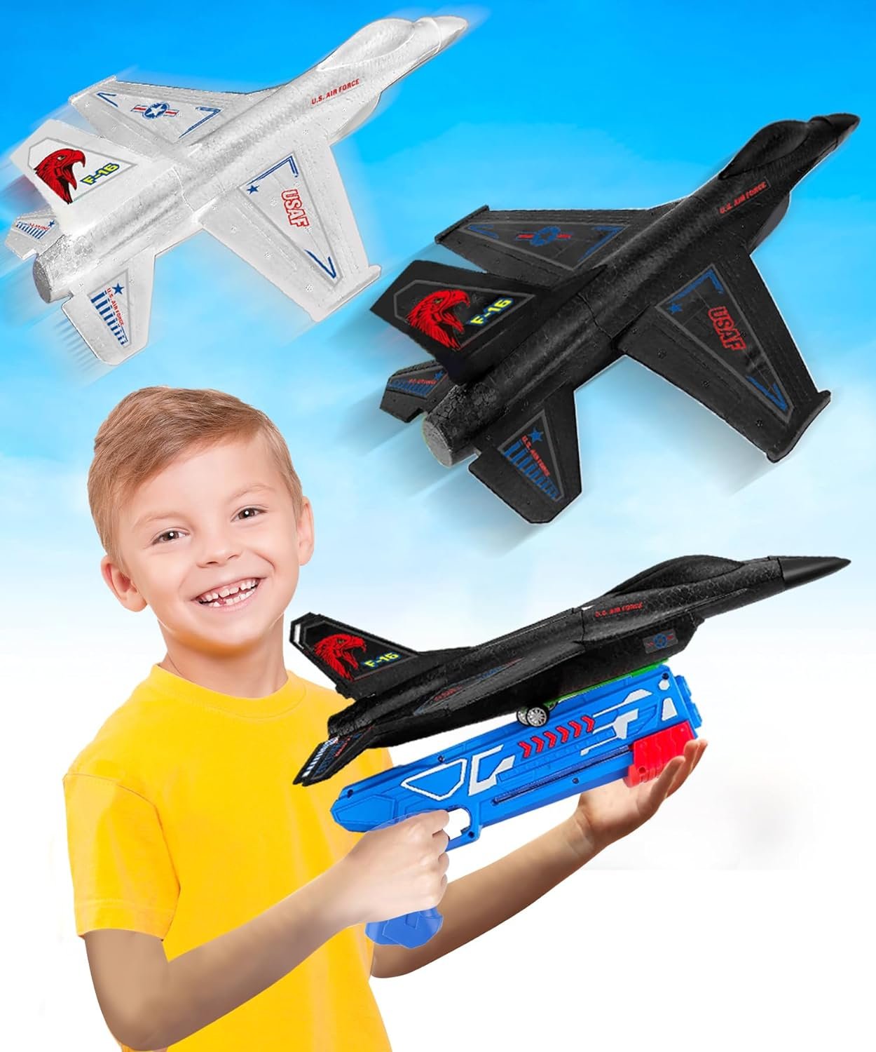 Airplane Launcher Toy Set – 2 F-16 Fighting Jets and 1 Airplane Gun - Plane Gun for Kids - Toys for High Flying Fun - Backyard Outdoor Toys for Kids Ages 3 4 5 6 7 8 9