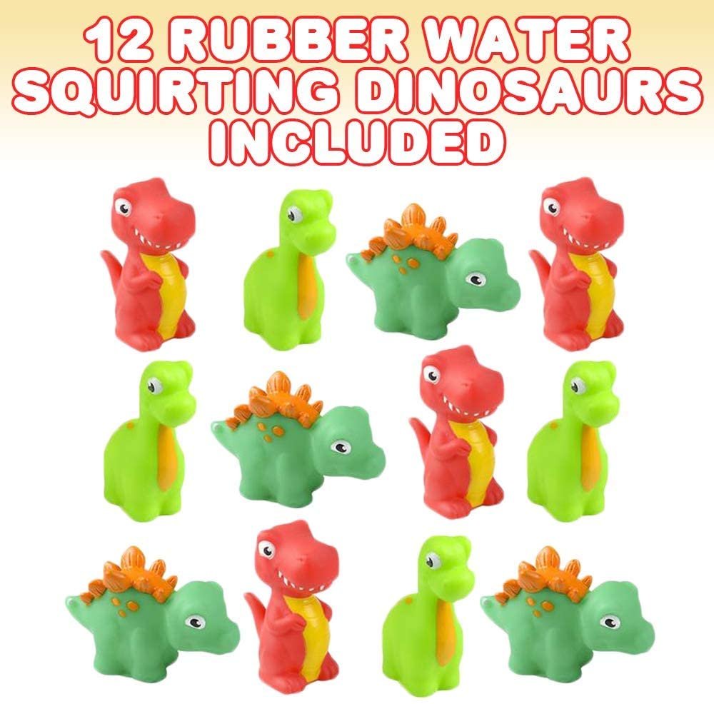 Rubber Water Squirting Dinosaurs, Pack of 12, Bathtub and Pool Toys for Kids, Safe and Durable Water Squirters, Birthday Party Favors, Goodie Bag Fillers