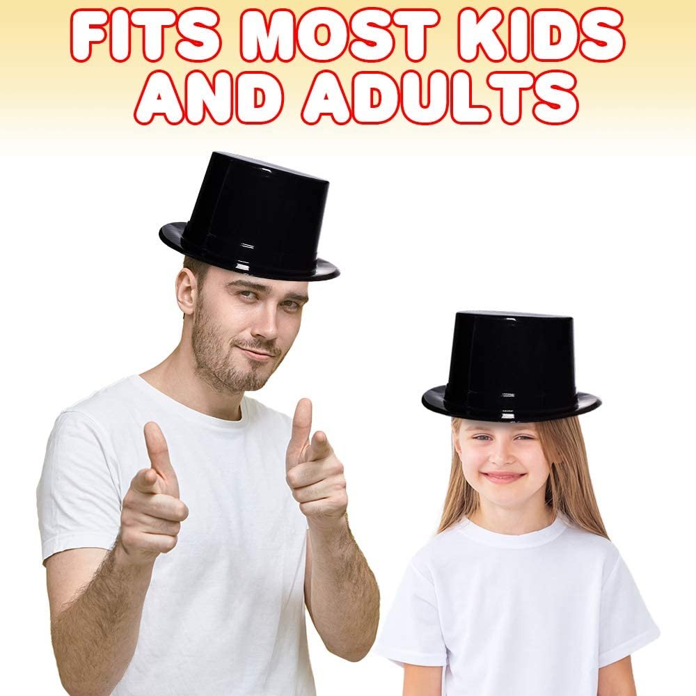 Black Plastic Top Hats for Kids and Adults, Set of 12, Fun Halloween Costume Accessories, Magic Birthday Party Favors, Snowman Hats, Unique Arts and Crafts Supplies for Children