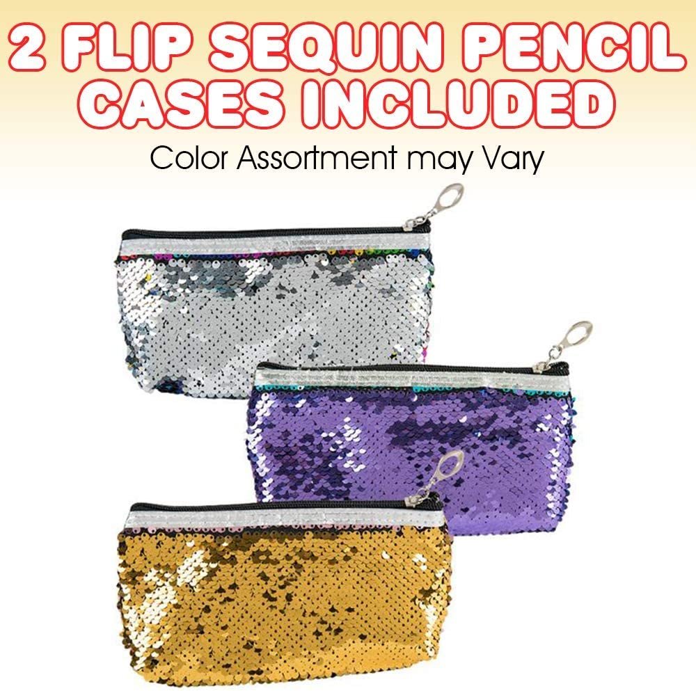ArtCreativity Flip Sequin Pencil Case, Set of 2, Cute Zipper Pen Holder or Makeup Pouch with Color Changing Sequins, Fun Back to School Supplies for Girls and Boys, Best Gift Idea for Kids