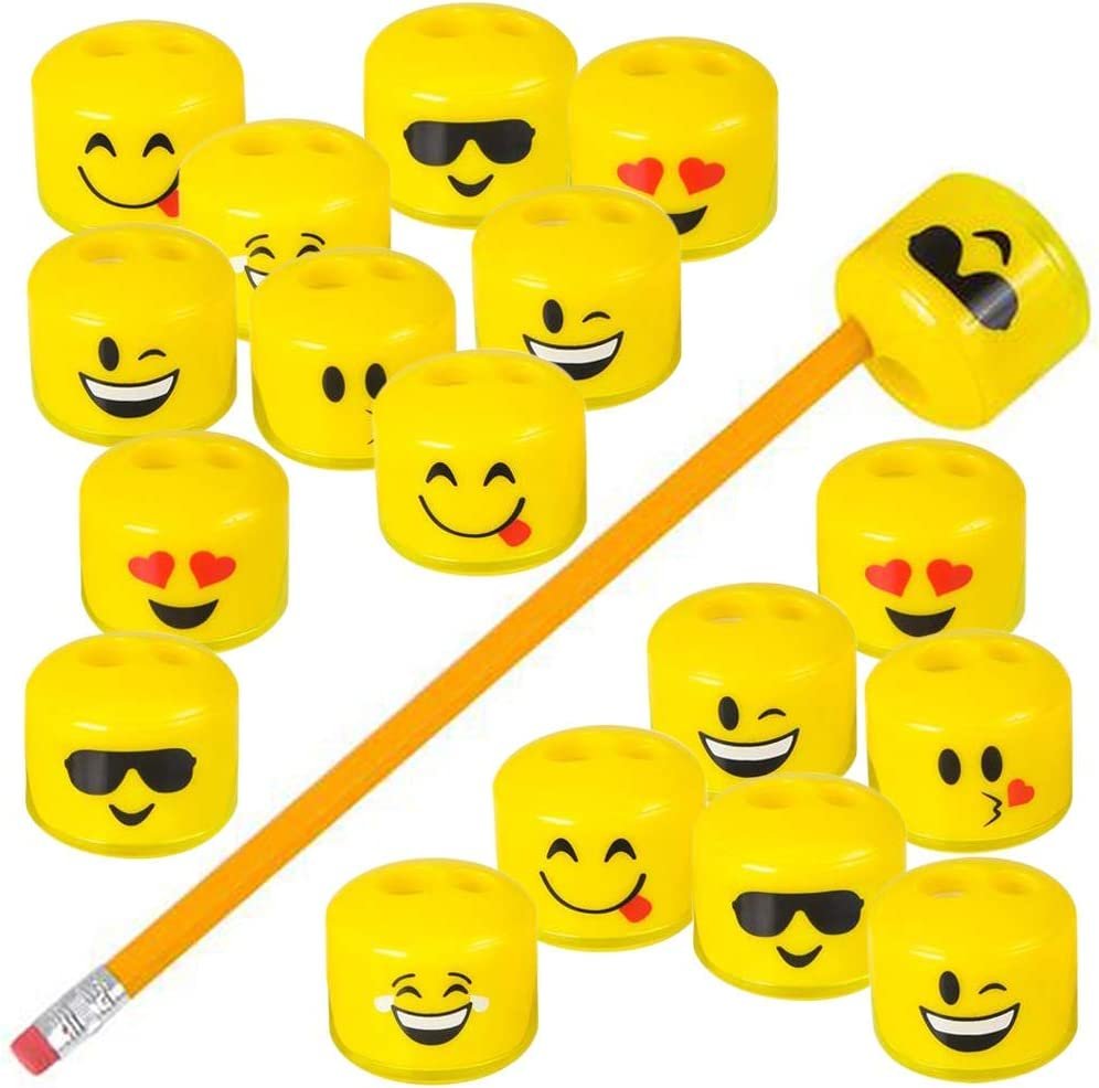 Emoticon Sharpeners for Kids, Bulk Pack of 24, Emoticon Smile Face Pencil and Crayon Sharpeners, Fun School Supplies for Children, Emoticon Birthday Party Favors for Boys and Girls