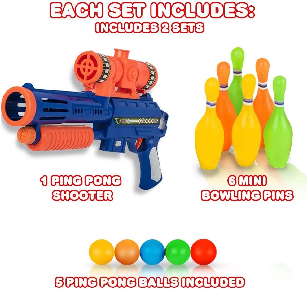 ArtCreativity Bowling Pin Blaster Shooting Game for Kids - Set Includes 1 Toy Gun, 4 Colorful Ping Pong Balls, and 6 Plastic Bowling Pins - Best Gift or Party Activity for Boys and Girls