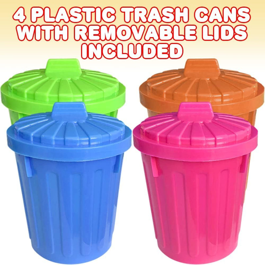 Large Trash Cans Set with Lids, Set of 4, Garbage Bin Toy in Assorted Neon Colors, Unique Desk Organizer, Birthday Party Favors for Kids, Cute Classroom Decor