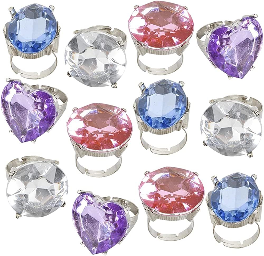 ArtCreativity Giant Faux Diamond Rings, Set of 12, Adorable Jewelry for Little Girls and Boys, Plastic Jewel Princess Rings in Fun Assorted Colors, Dress Up Accessories, Goodie Bag Fillers for Kids
