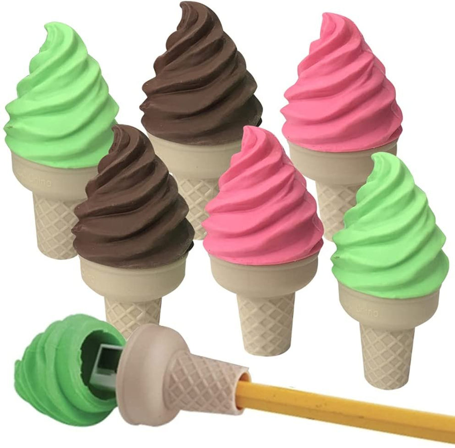 Ice Cream Erasers with Sharpeners, Set of 6, Esthetic School Supplies for Kids, Ice Cream Party Favors for Boys and Girls, Pinata Fillers, Teacher Awards, and Holiday Stocking Stuffers