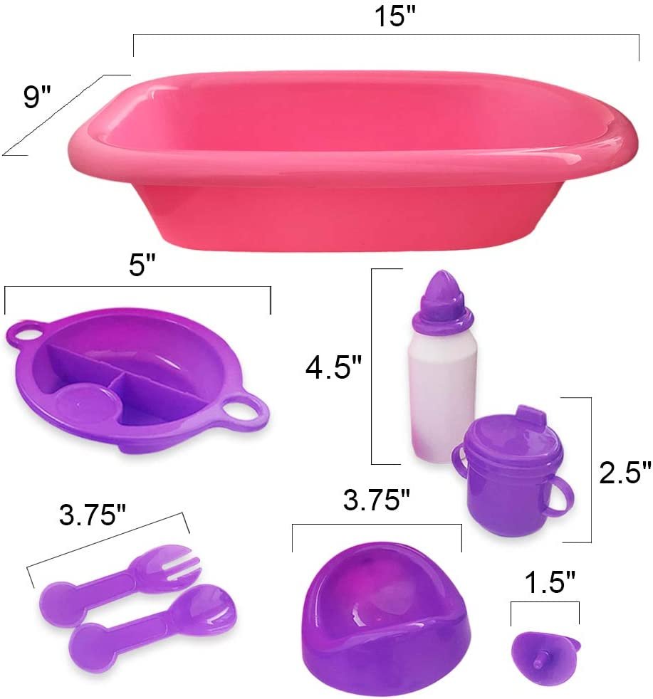 Baby Doll Bath Playset, 8PC Baby Doll Accessories Set, Includes Mini Bathtub, Bottle, Sippy Cup, Plate and More, Cute Doll Toys for Girls, Great Birthday Gift for Kids