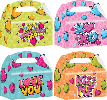 ArtCreativity Valentines Day Treat Boxes, Set of 12, Cardboard Paper Valentines Candy Boxes with Carry Handles, Themed Party Favor Boxes, Valentines Goodie Bags for Sweets, Toys, Gifts, and More