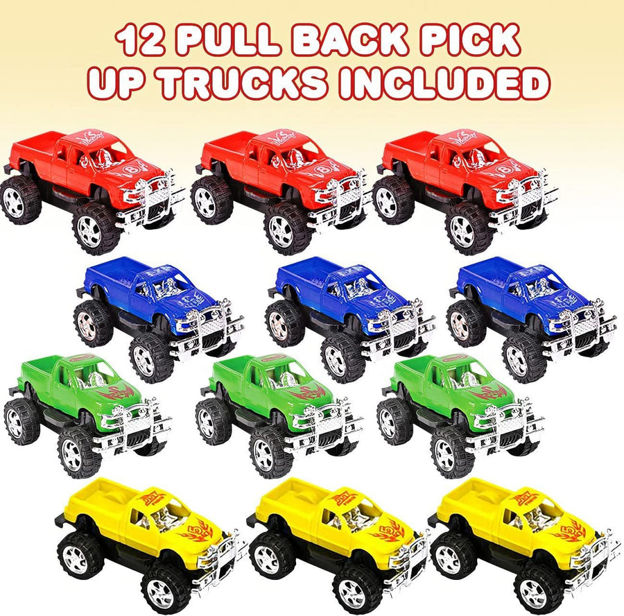 3" Pull Back Mini Pickup Trucks for Kids, Set of 12, Pullback Racers in Assorted Colors, Birthday Party Favors for Boys & Girls, Goodie Bag Fillers, Small Carnival & Contest Prize