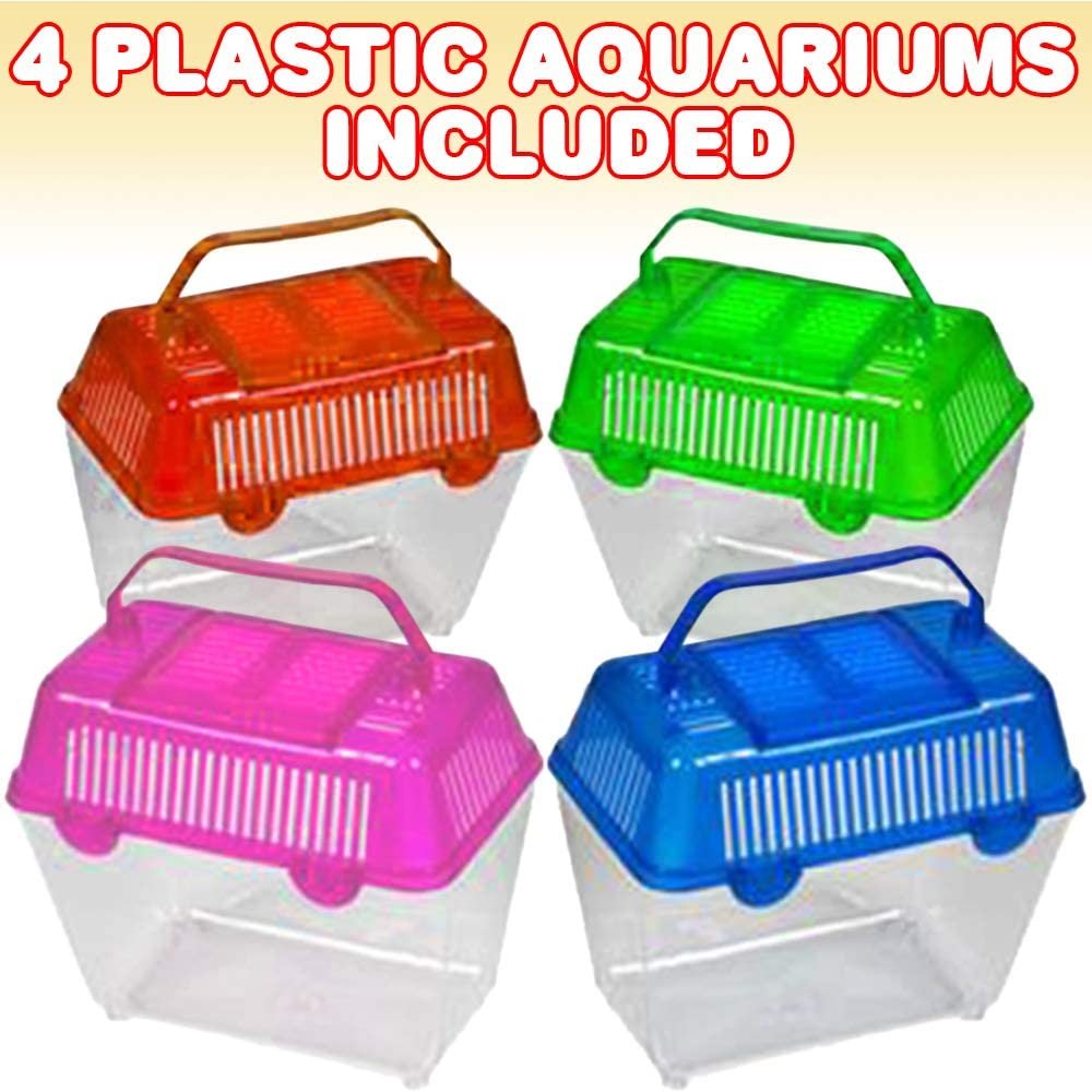 Small Plastic Aquariums for Kids, Set of 4, Single Fish Aquariums in Assorted Vibrant Colors, Under-The-Sea Party Favors, Aquatic Party Supplies, Aquarium Gift Shop Items, 5"es