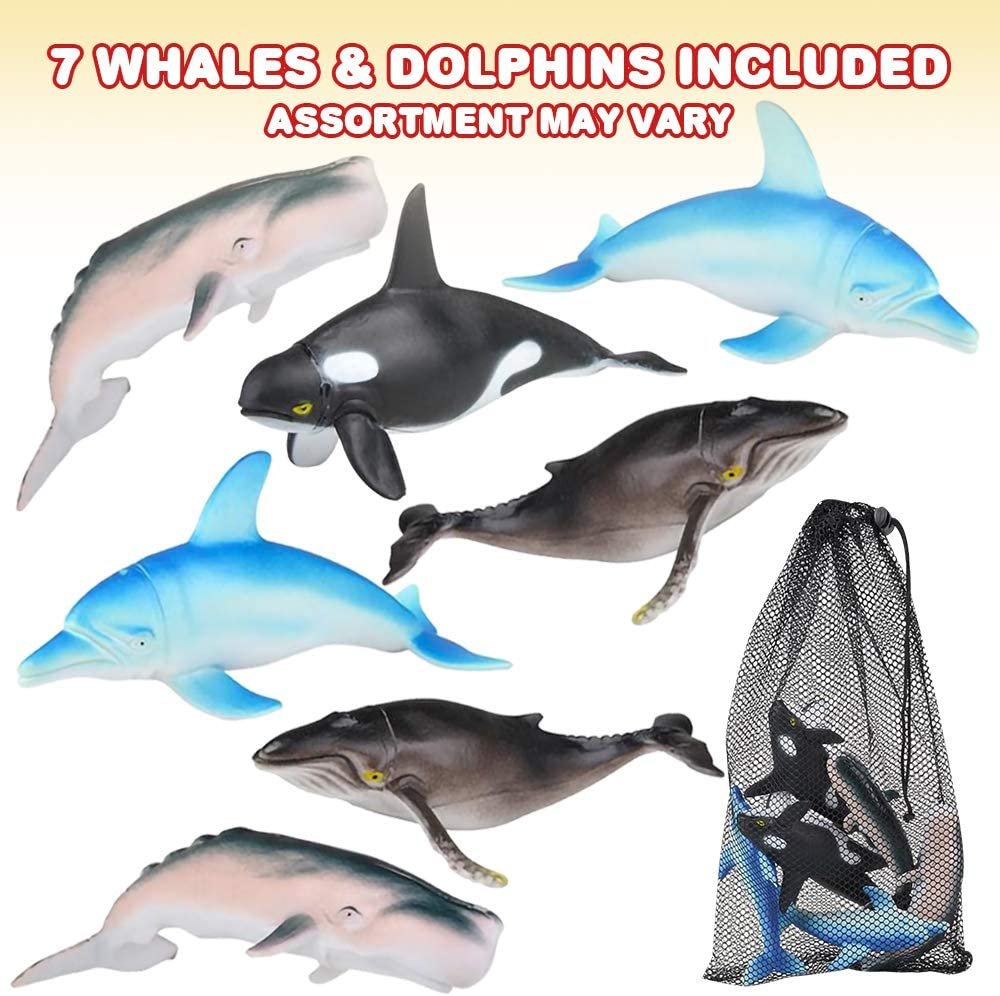 Dolphins & Whales in Mesh Bag, Pack of 6 Sea Creature Figurines in Assorted Designs, Bath Water Toys for Kids, Ocean Life Party Décor, Party Favors for Boys and Girls