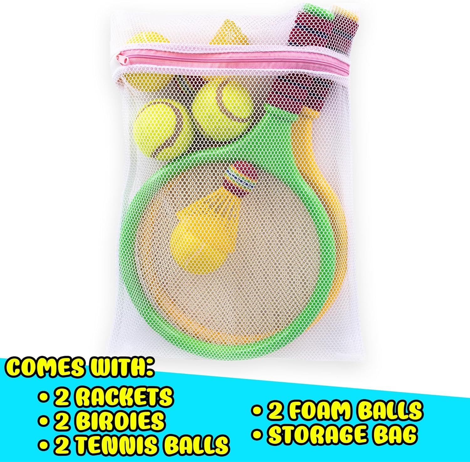 Kids Badminton Rackets Set - 9 Piece Badminton Set with 2 Rackets, 2 Bridies, 2 Soft Balls, 2 Tennis Balls, and Storage Bag - Toy Badminton and Tennis Rackets for Kids with Accessories