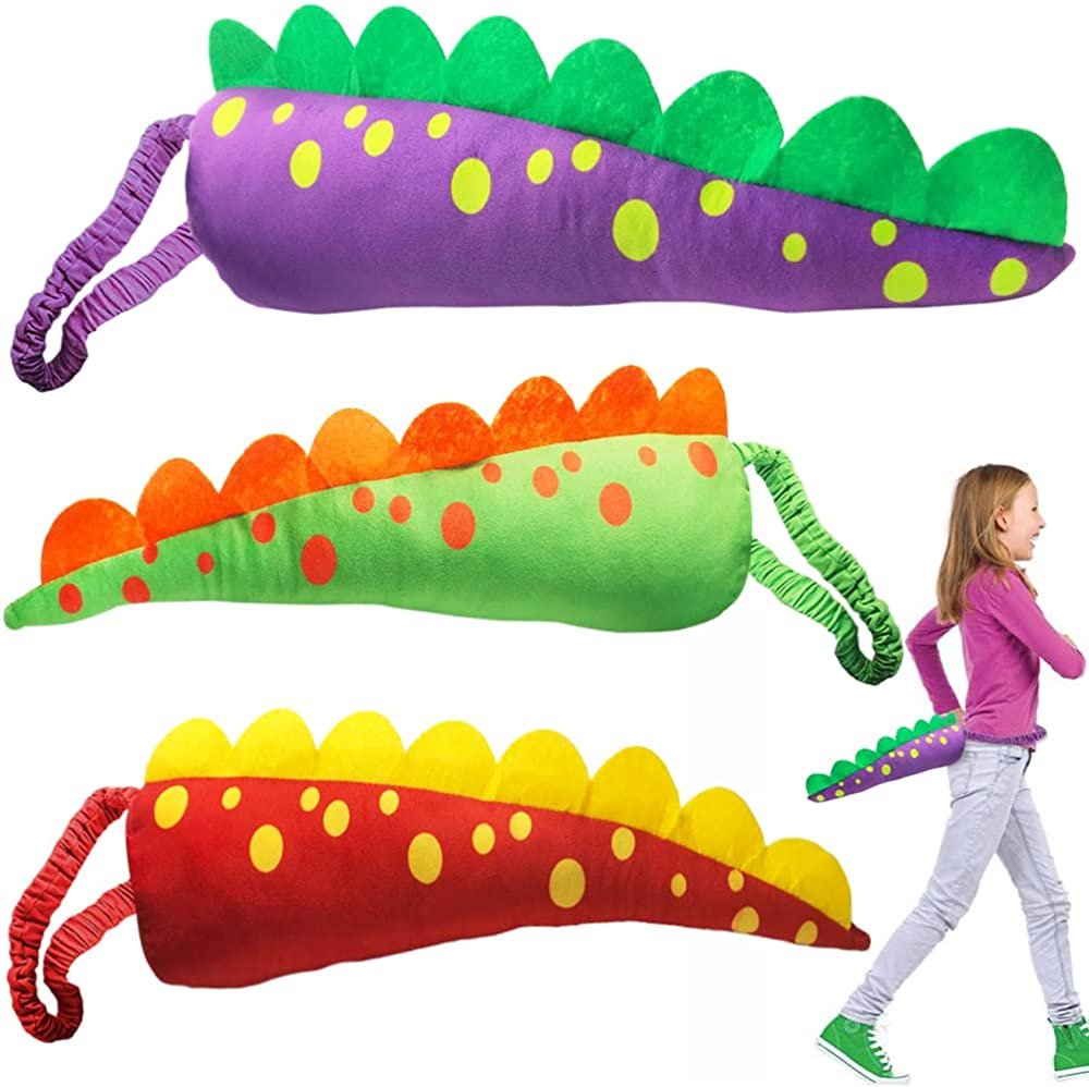 Plush Dinosaur Tails for Kids, Set of 3, Dragon and Dinosaur Costume Accessories for Halloween and Dress-Up, Dinosaur Birthday Party Favors Supplies, Assorted Colors, 17.25" Long