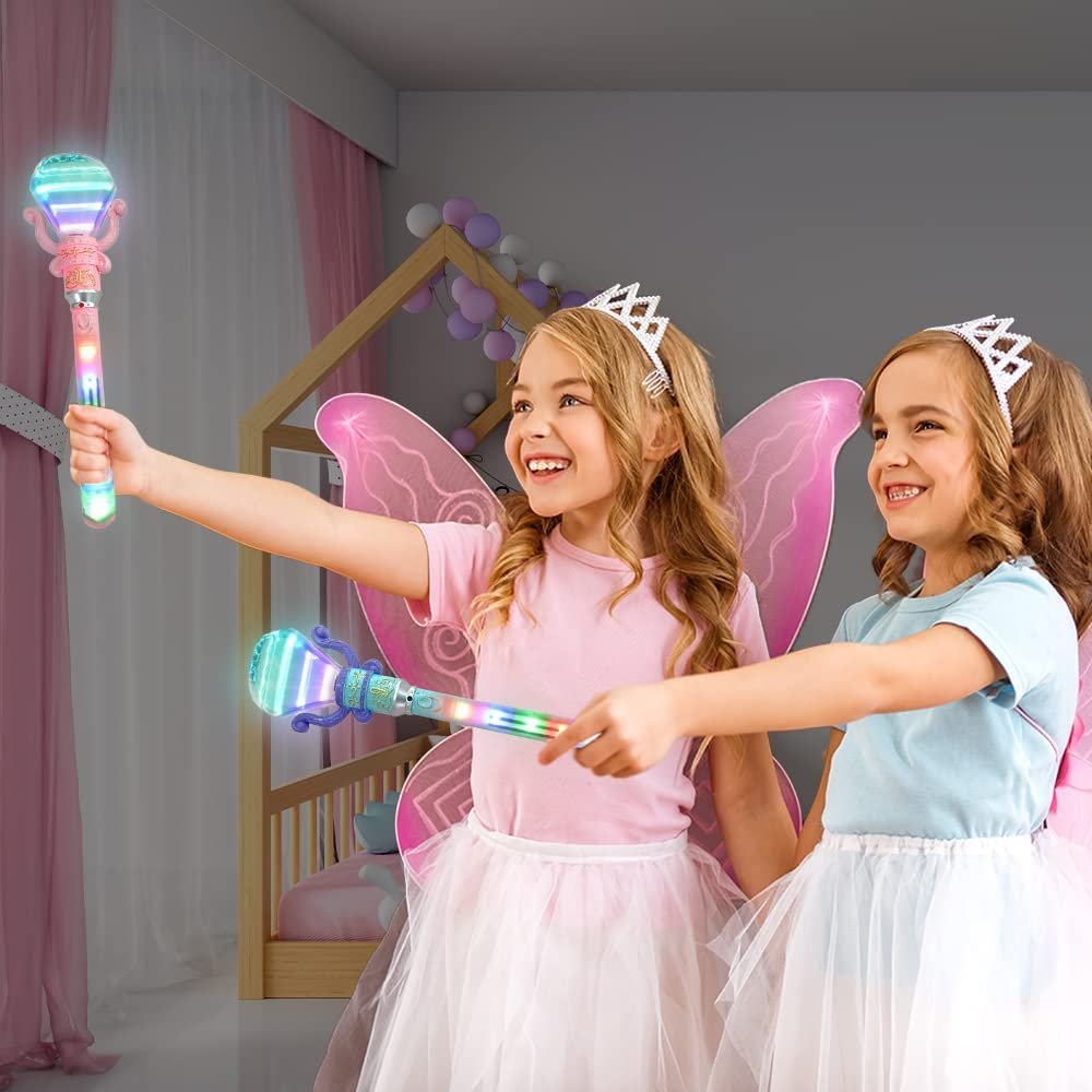 ArtCreativity Light Up Diamond Wands for Kids, Set of 2, Princess LED Wands for Girls and Boys with Spinning LEDs and Batteries Included, Princess Toys for Hours of Pretend Play, Pink and Blue