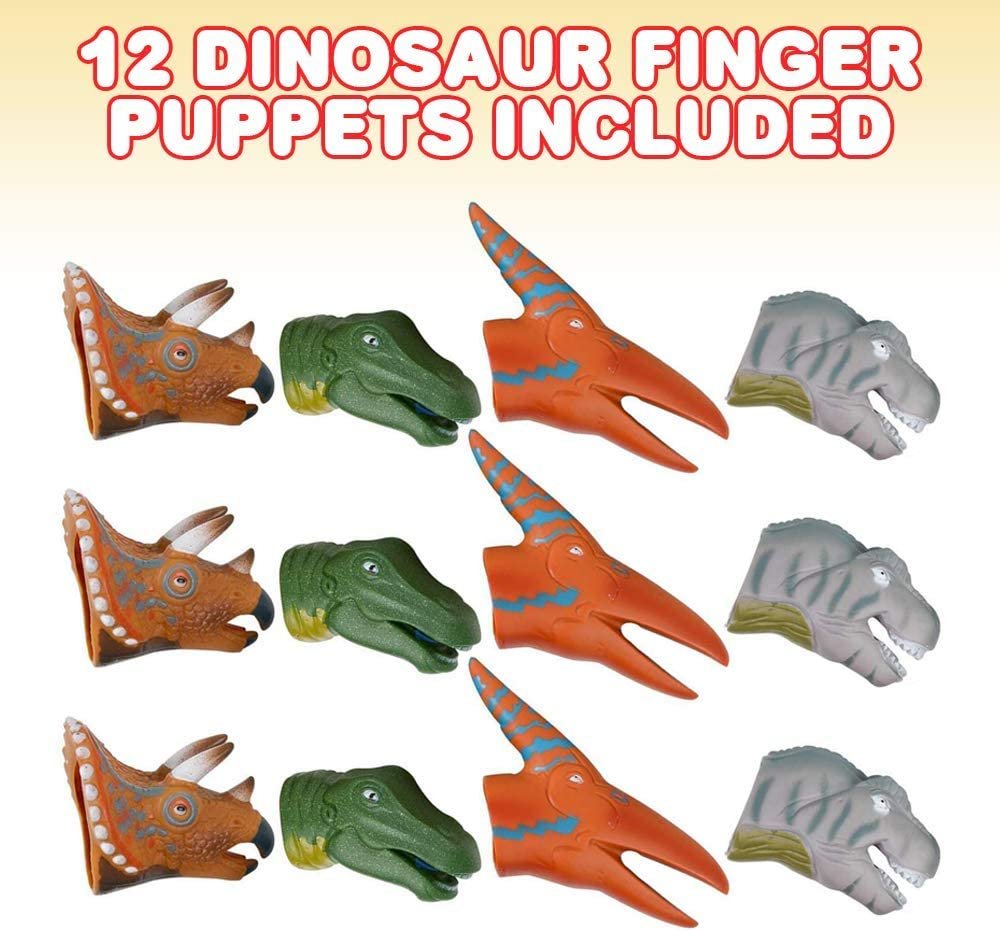 Assorted Dinosaur Finger Puppets for Kids, Pack of 12, Dinosaur Toys for Boys and Girls, Dino Birthday Party Favors, Goodie Bag and Piñata Fillers, Teacher Rewards, 4 Cool Designs