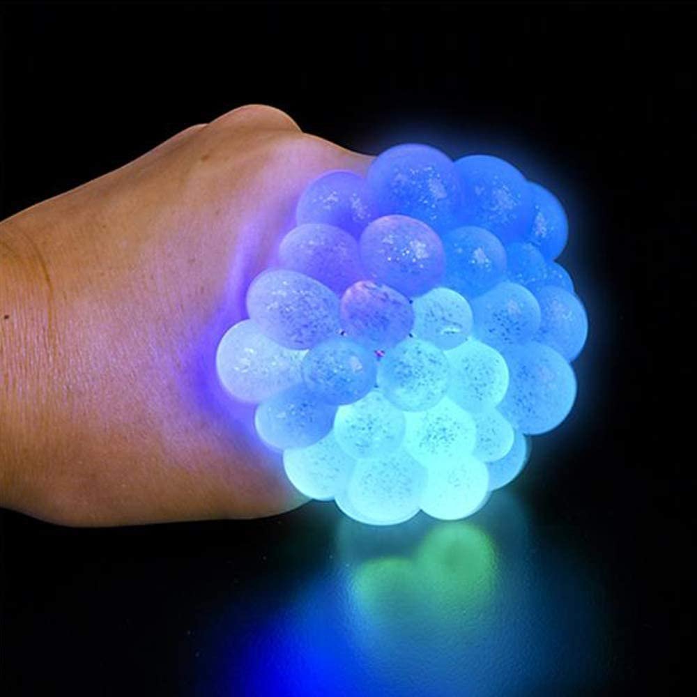 Light-Up Squeeze Mesh Grape Stress Balls, Pack of 2, LED Squeeze Balls with Glitter, Stress Relief Fidget Sensory Toys for Autistic Children, Gifts, Party Favors, for Kids and Adults