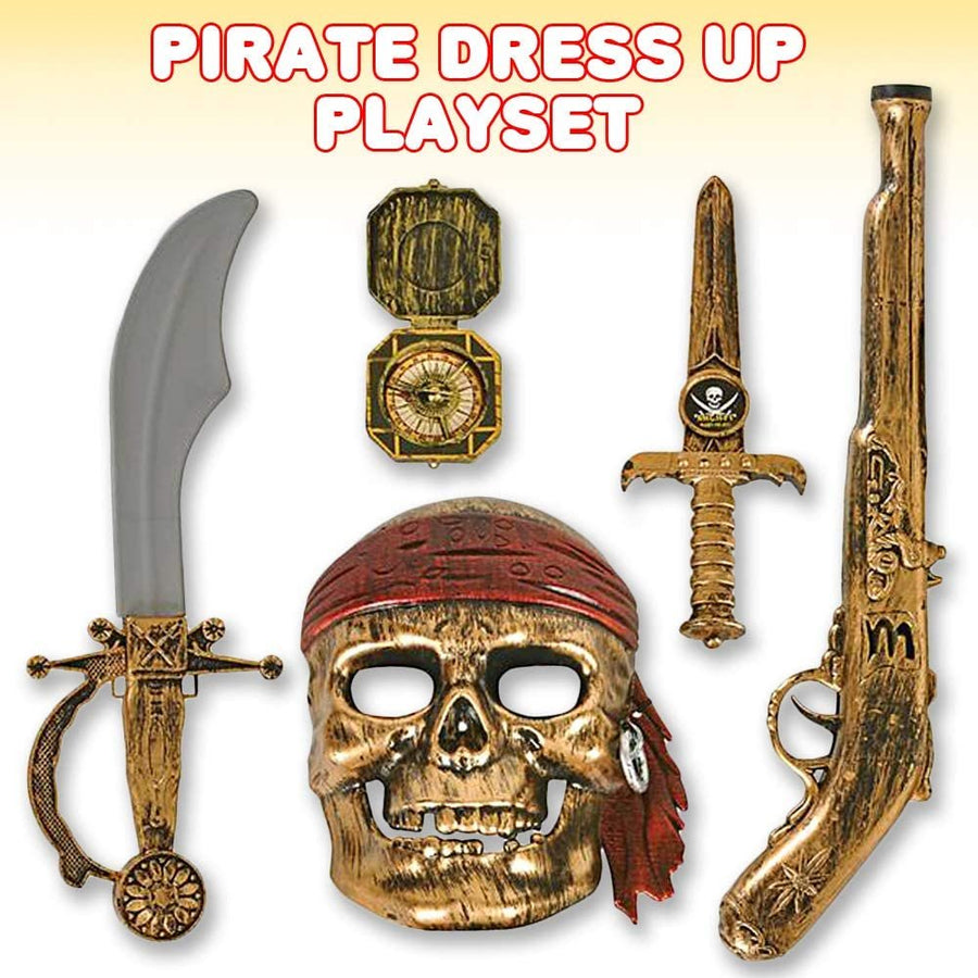 Pirate Play Set for Kids, 5PC Playset with Plastic Sword, Pistol, Dagger, Compass, and Mask, Pirate Halloween Costume Accessories and Photo Booth Props, Fun Pretend Play Set