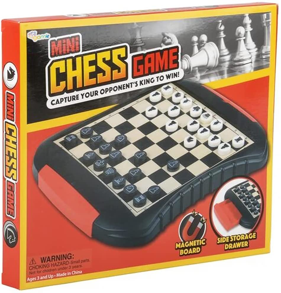 Gamie Mini Travel Chess Game, Magnetic Chess Board with Side Storage Drawers