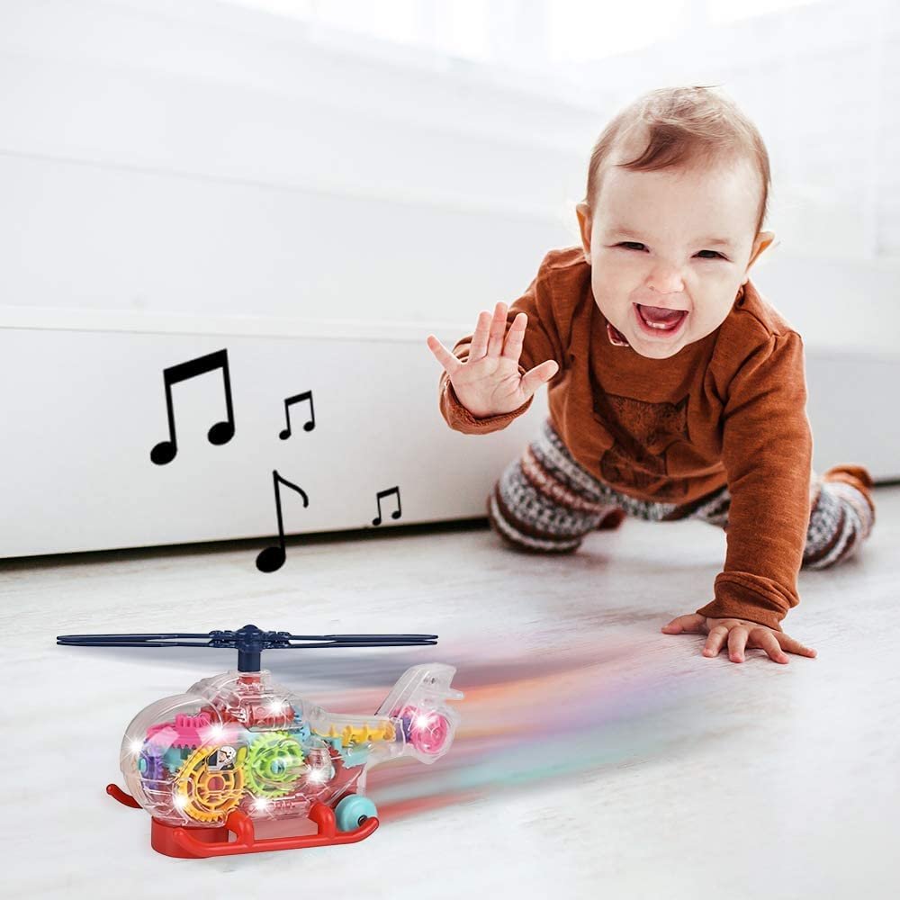 ArtCreativity Light Up Transparent Toy Helicopter for Kids, 1PC, Bump and Go Toy Car with Colorful Moving Gears, Music, and LED Effects, Fun Educational Toy for Kids, Great Birthday Gift Idea