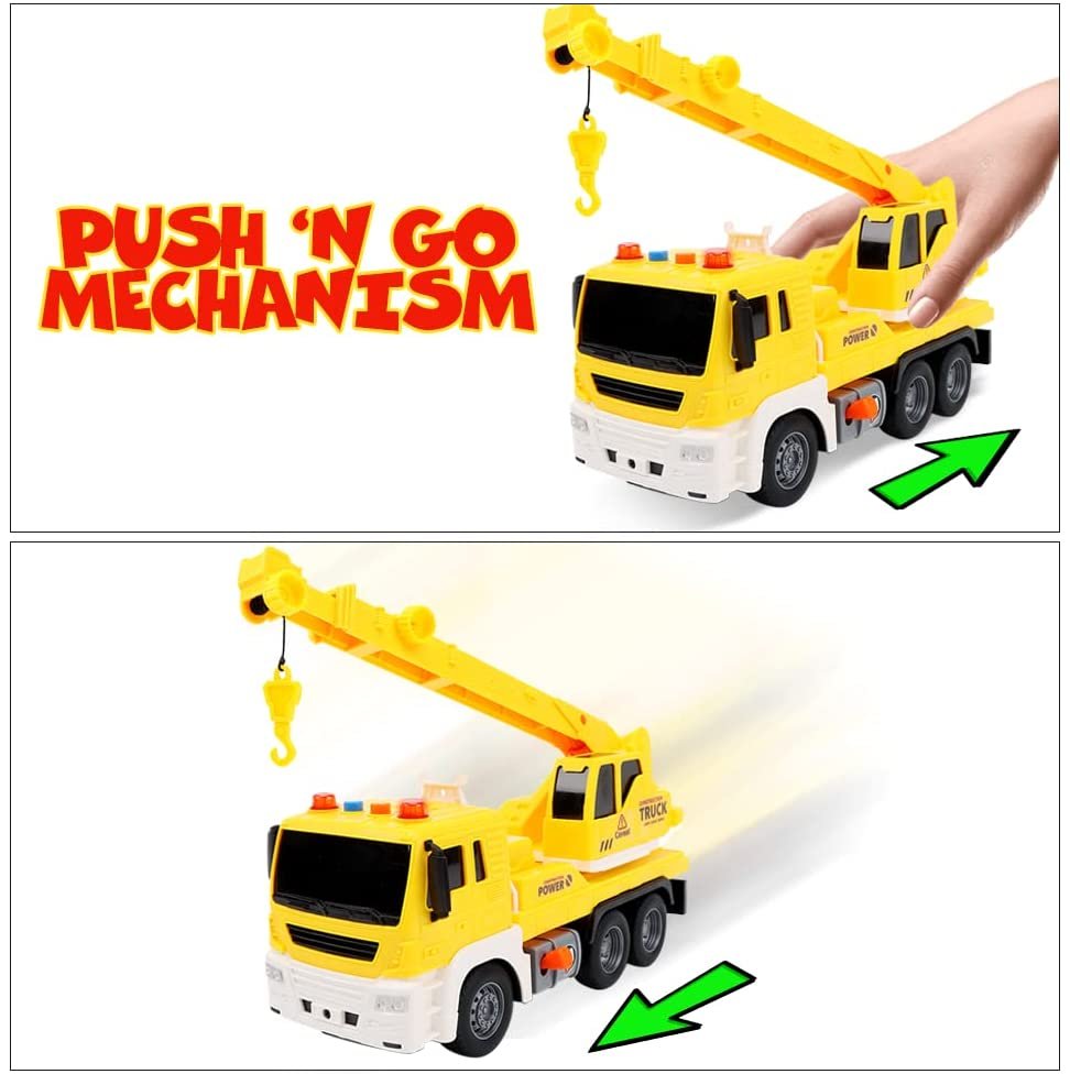 Light Up Crane Truck Toy, Kids’ Construction Toy with a Movable Crane, LEDs, and Sound Effects, Push and Go Construction Vehicle Toys for Kids, Crane Toys for Boys and Girls