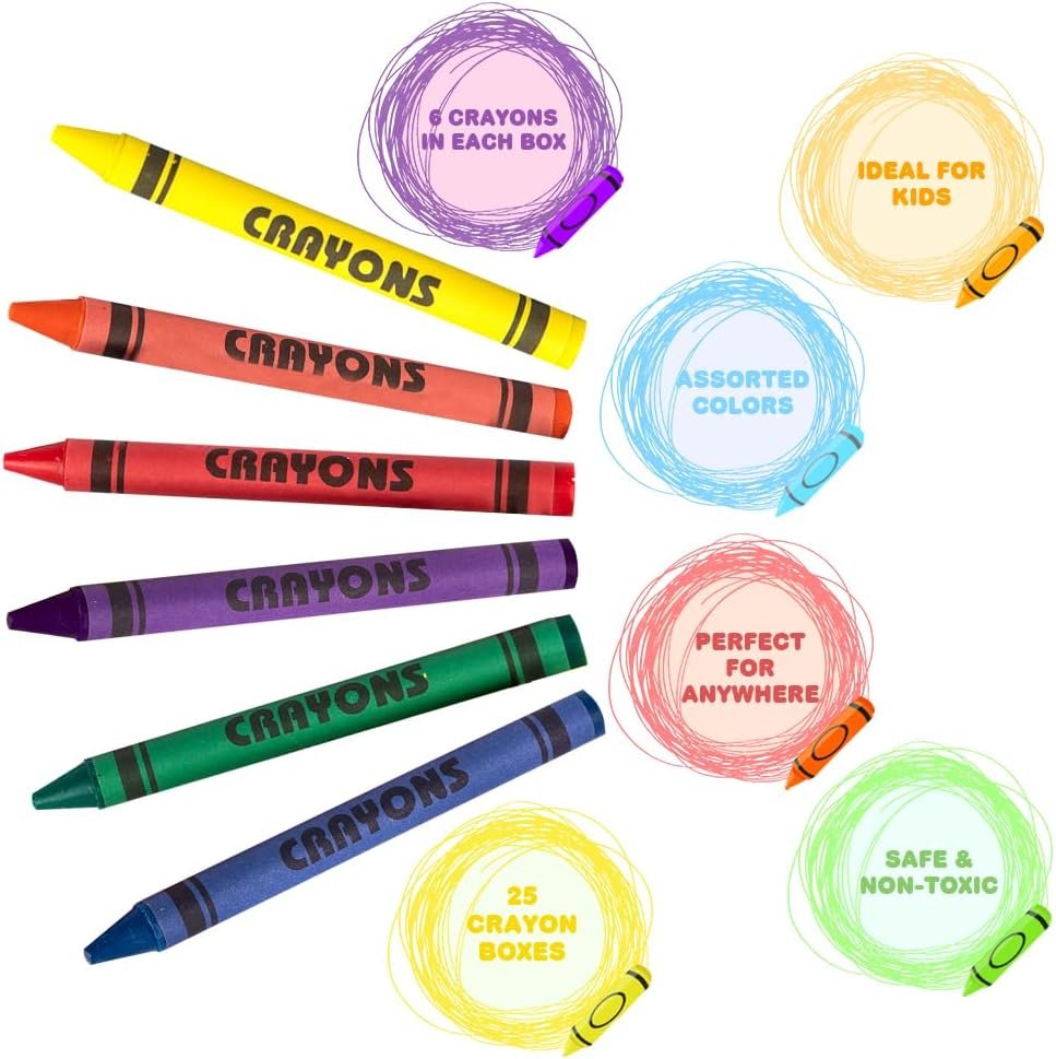 Bulk Crayon Packs, 25 Sets of 6 Packs of Crayons (150ct), Classroom Crayons for Students, Non-Toxic Crayon Party Favors for Kids, Arts & Crafts Supplies 3+
