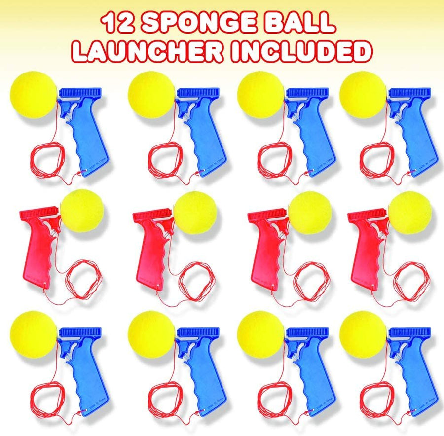 Sponge Ball Launchers, Pack of 12, 5.5" Foam Ball Toy Shooters, Birthday Party Favors for Kids, Goodie Bag Fillers, Carnival Prize - Red & Blue