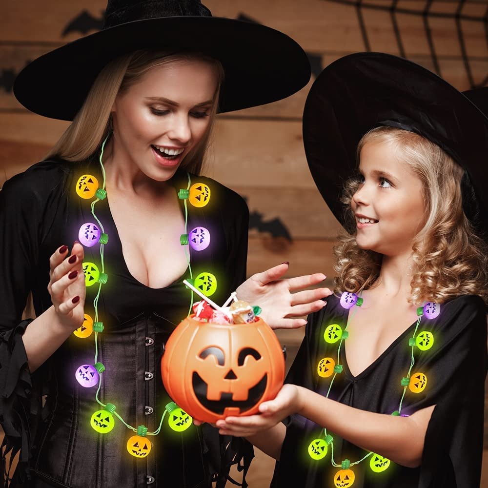 Light-Up Jack-O-Lantern Necklace with Multi-Mode Flashing LEDs, Halloween Party Favors, Halloween Party Accessories for Women, Men, and Kids, Great Gift Idea, Stocking Stuffer