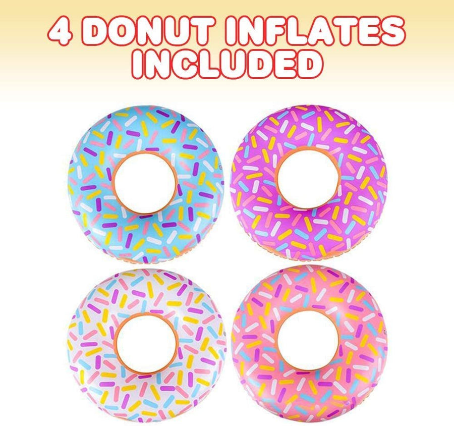 16" Donut Inflate Tubes, Set of 4, Colorful Inflatable Donut Tubes in Assorted Designs, Donut Birthday Party Decorations Supplies, Durable Water Pool Toys for Kids, Fun Donut Party Favor