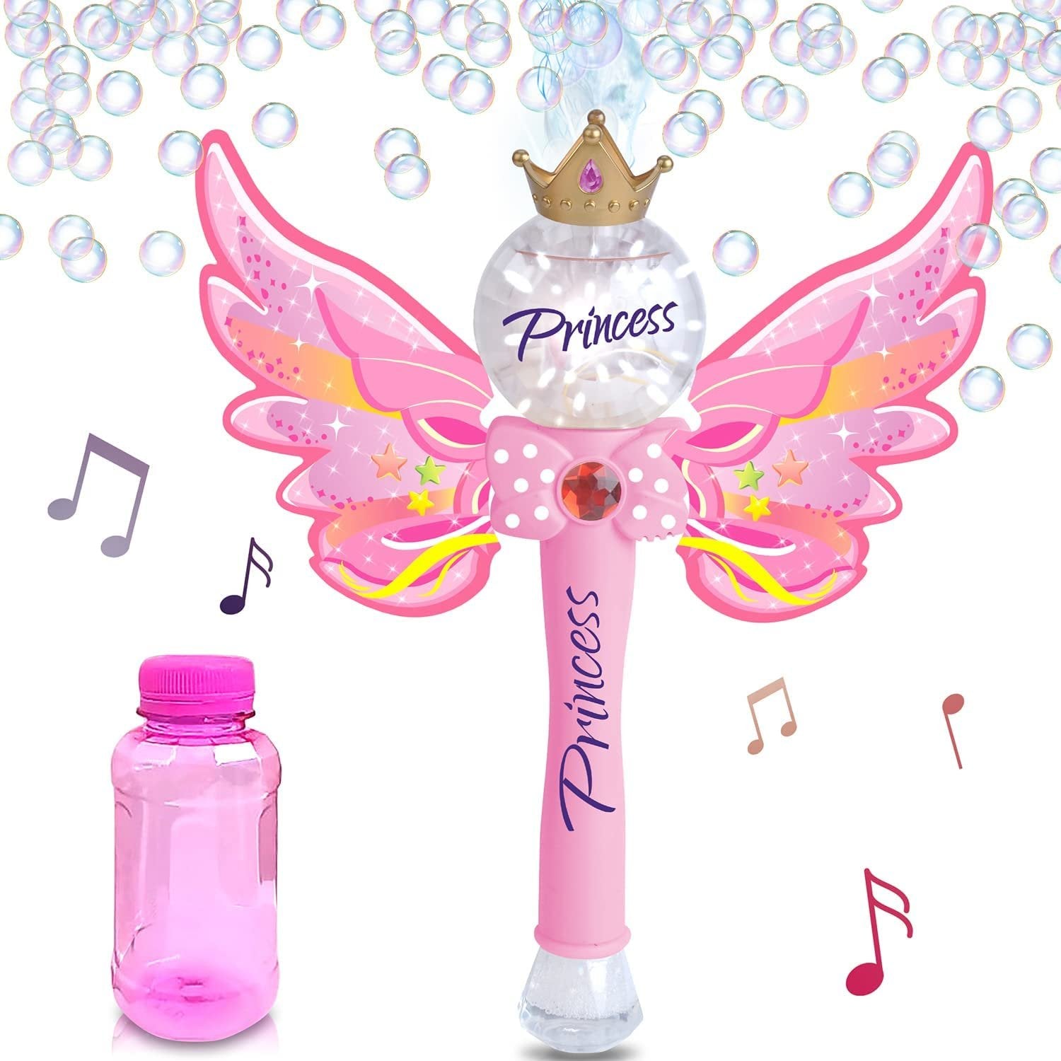 Light Up Magic Princess Bubble Blower Wand, 14" Illuminating Bubble Blower Wand with Thrilling LED & Sound Effect, Bubble Fluid Included, Great Gift Idea, Party Favor for Kids