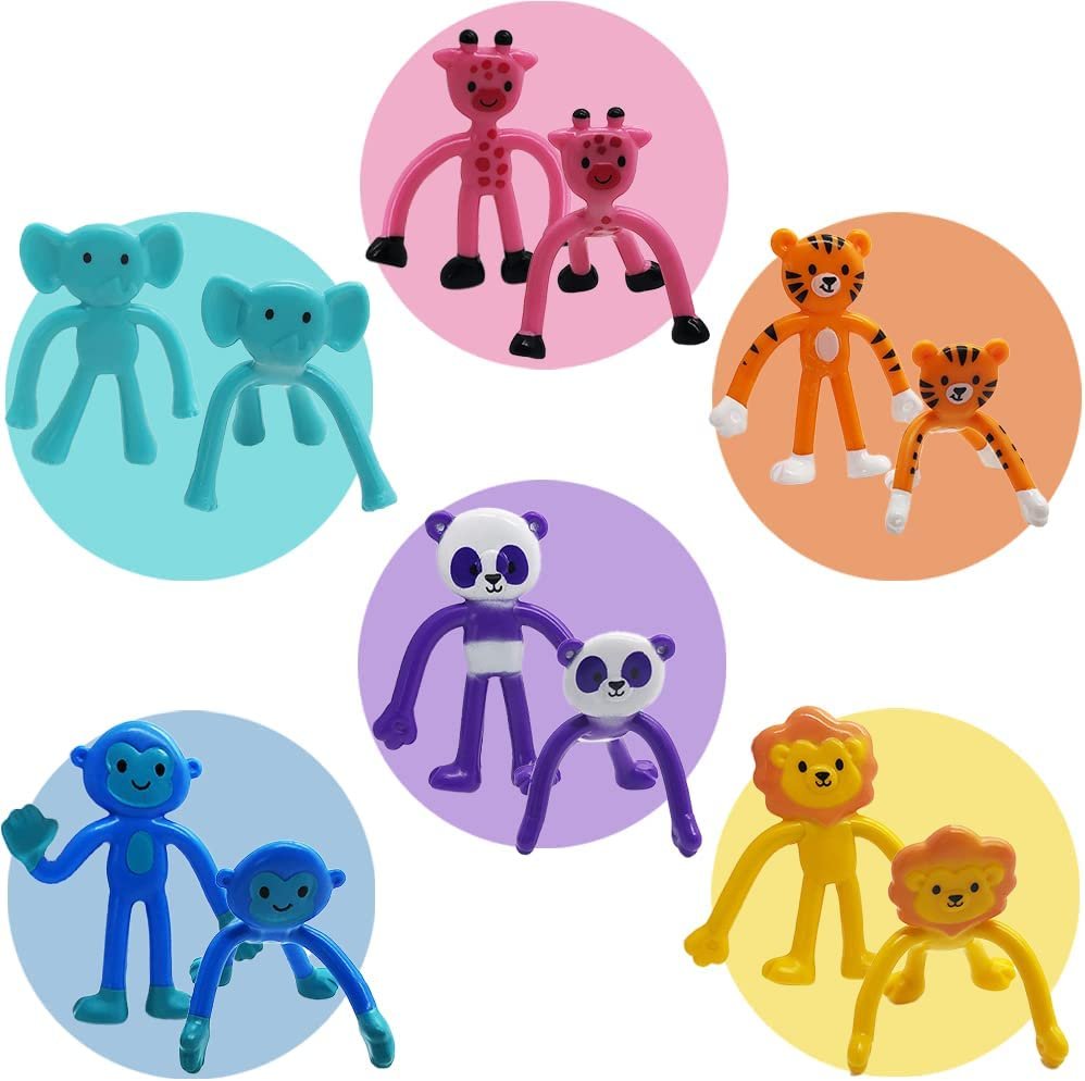 Mini Bendable Zoo Animals, Set of 48, Stress Relief Animal Toys for Kids in Panda, Tiger, Giraffe, Monkey, Elephant and Lion Designs, Zoo Birthday Party Favors and Safari Party Supplies