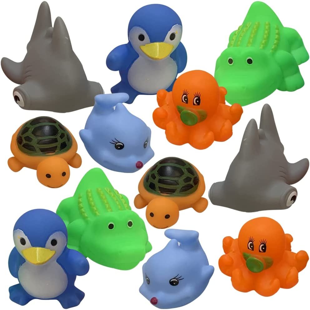 Vinyl Sea Animals, Pack of 12 Assorted Squeezable Toys, Aquatic Birthday Party Favors for Kids, Fun Bath Tub and Pool Toys for Children, Educational Learning Aids for Boys and Girls