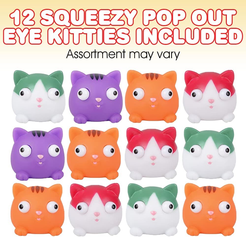 Squeezy Kitten with Pop Out Eyes, Set of 12, Fun Squeeze Stress Relief Toys for Kids, Fun Goodie Bag Fillers, Birthday Party Favors for Boys and Girls