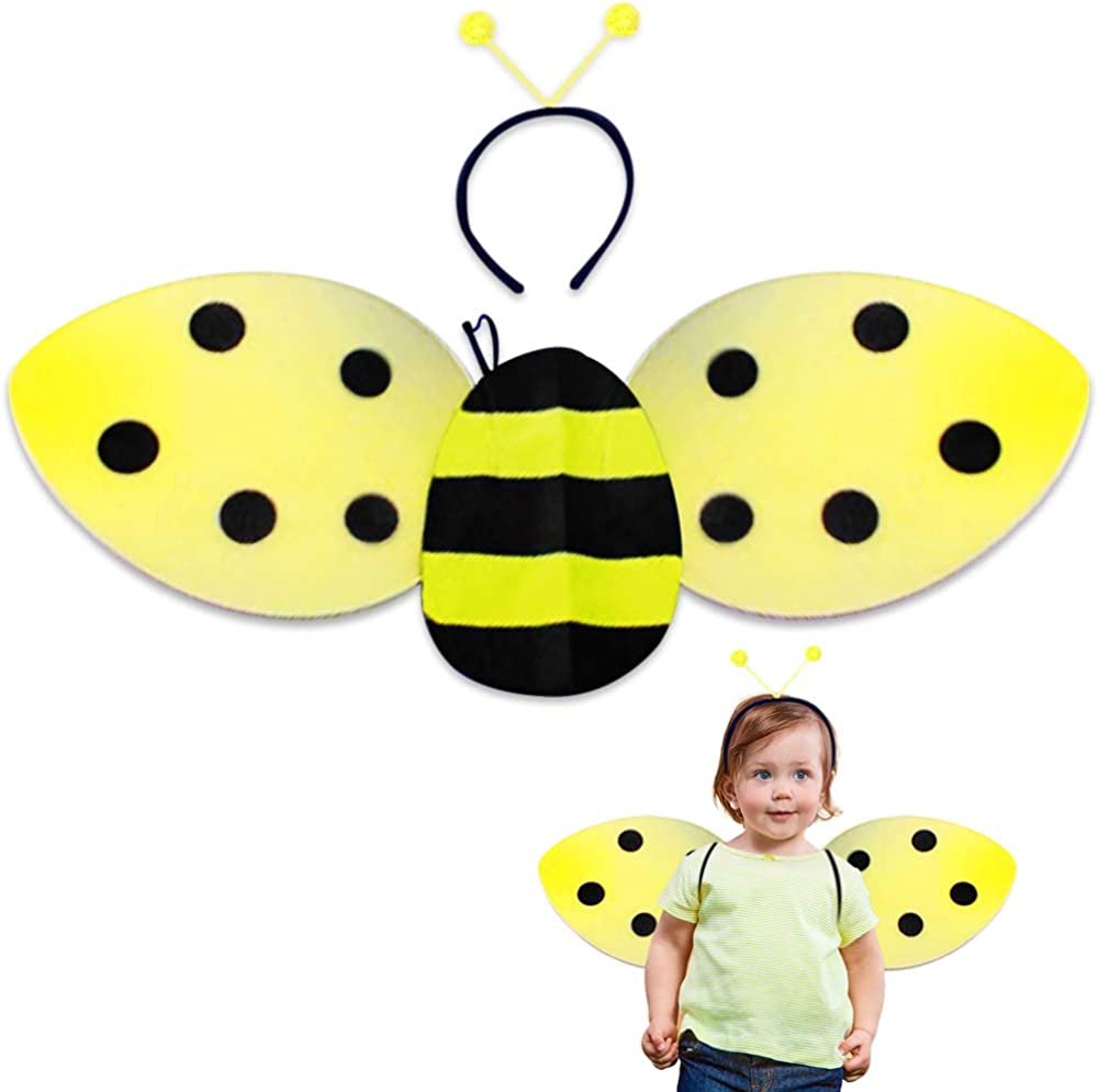 Bee Costume for Kids, Honeybee Costume Set with 1 Pair of Wings and Antenna Headband, Cute Halloween Costume for Girls and Boys, Fun Pretend Play Accessories, Black and Yellow