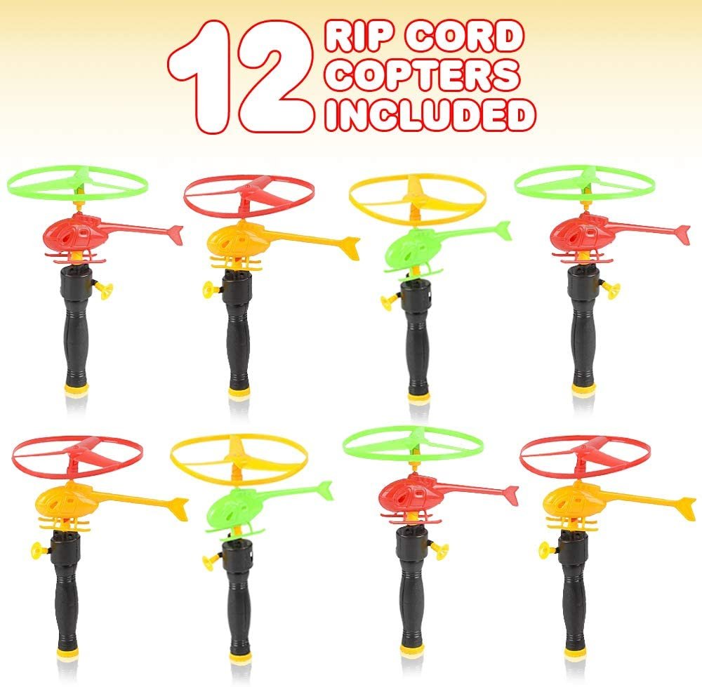 ArtCreativity Rip Cord Flying Helicopter Set for Kids, Pack of 12, Fun Fly Toys for Indoors or Outdoors, Great Birthday Party Favors, Goodie Bag Fillers, Gift Idea for Boys and Girls