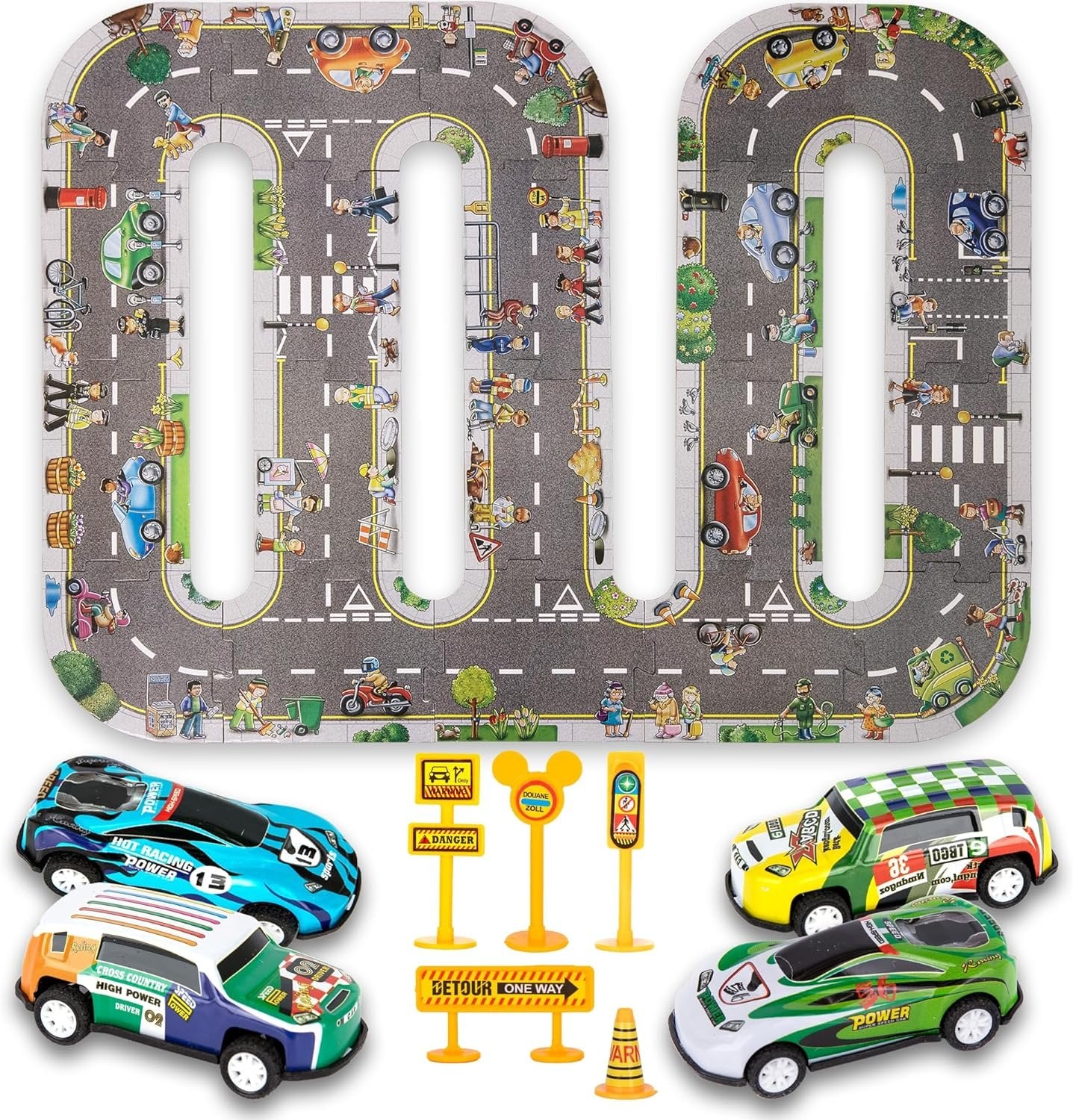 Puzzle Track Car Play Set for Kids - 29 Piece Set with 4 Floor Puzzle Cars, 5 Traffic Accessories, and 20 Cardboard Puzzle Pieces - Toddler Floor Puzzle Tracks with Vehicles
