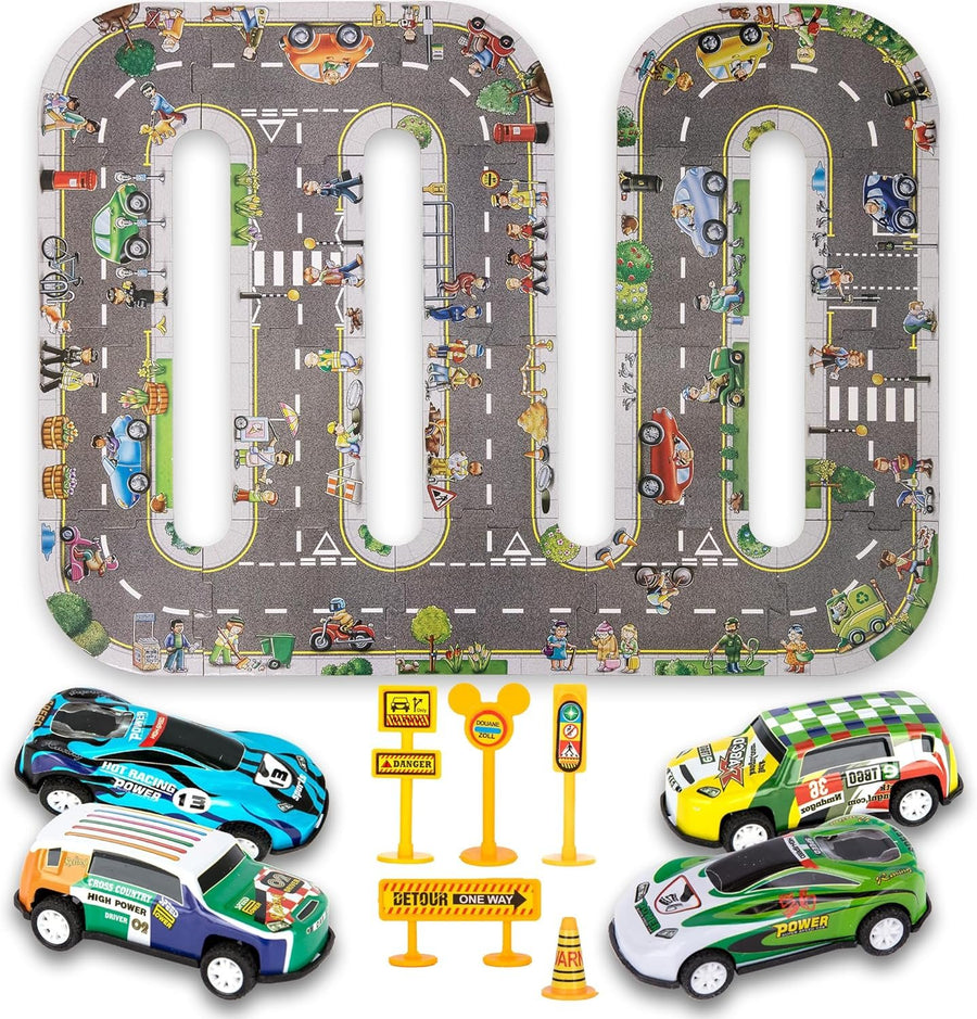Puzzle Track Car Play Set for Kids - 29 Piece Set with 4 Floor Puzzle Cars, 5 Traffic Accessories, and 20 Cardboard Puzzle Pieces - Toddler Floor Puzzle Tracks with Vehicles