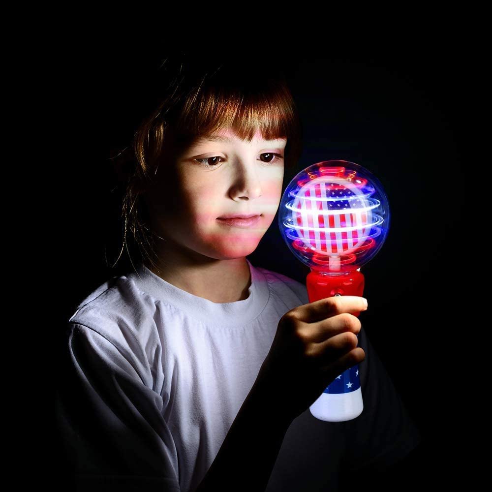 7.5" Light Up Patriotic Magic Ball Toy Wand for Kids, Flashing LED Wand for Boys and Girls with Batteries Included, Thrilling Spinning Light Show, Birthday Party Favor, 4th of July