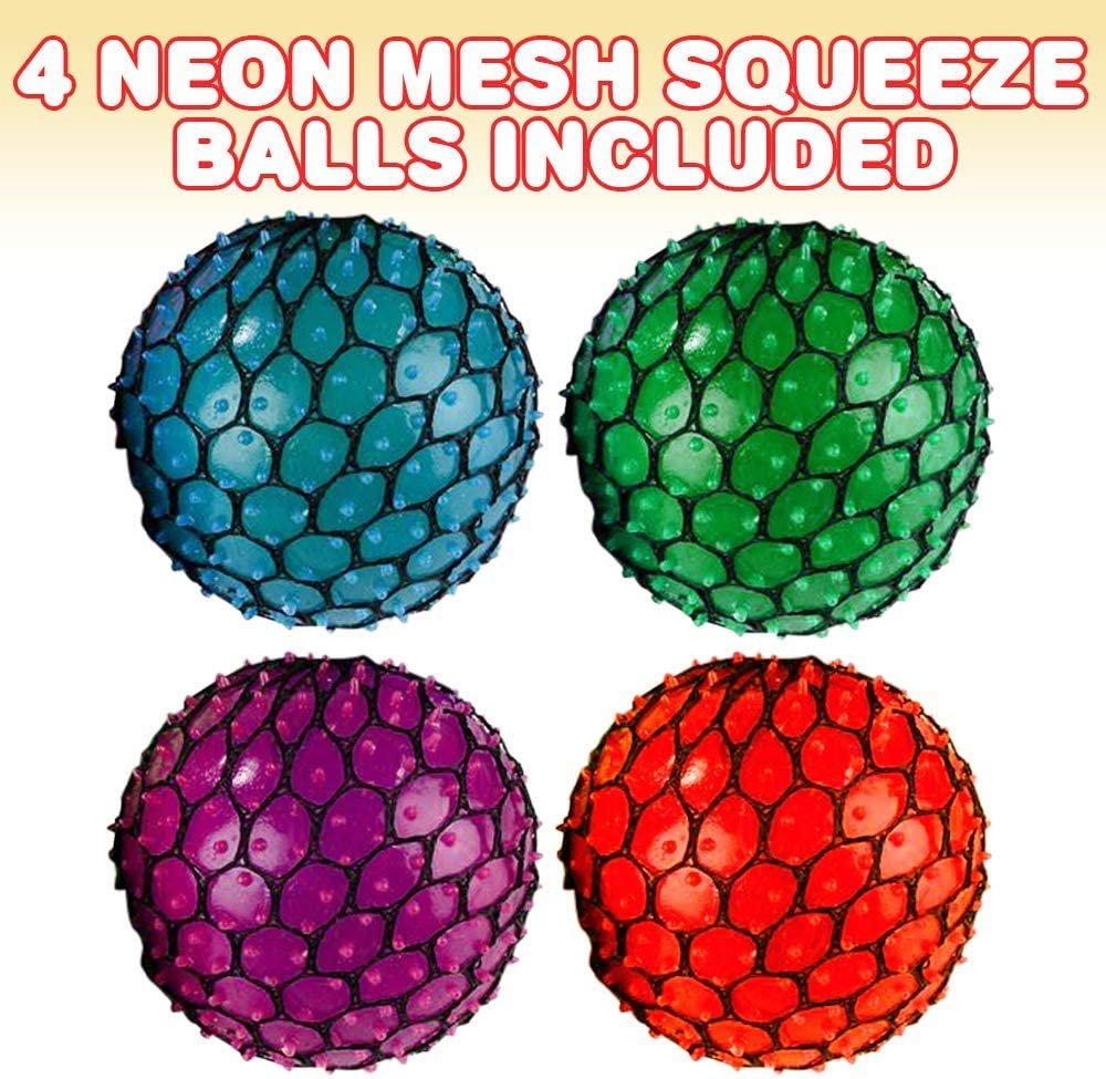 Mesh Squeeze Neon Balls for Kids, Set of 4, Squeeze Toys in Assorted Neon Colors for Anxiety Relief & ADHD - Birthday Party Favors, Goodie Bag Fillers, Treasure Box Prizes for Classroom